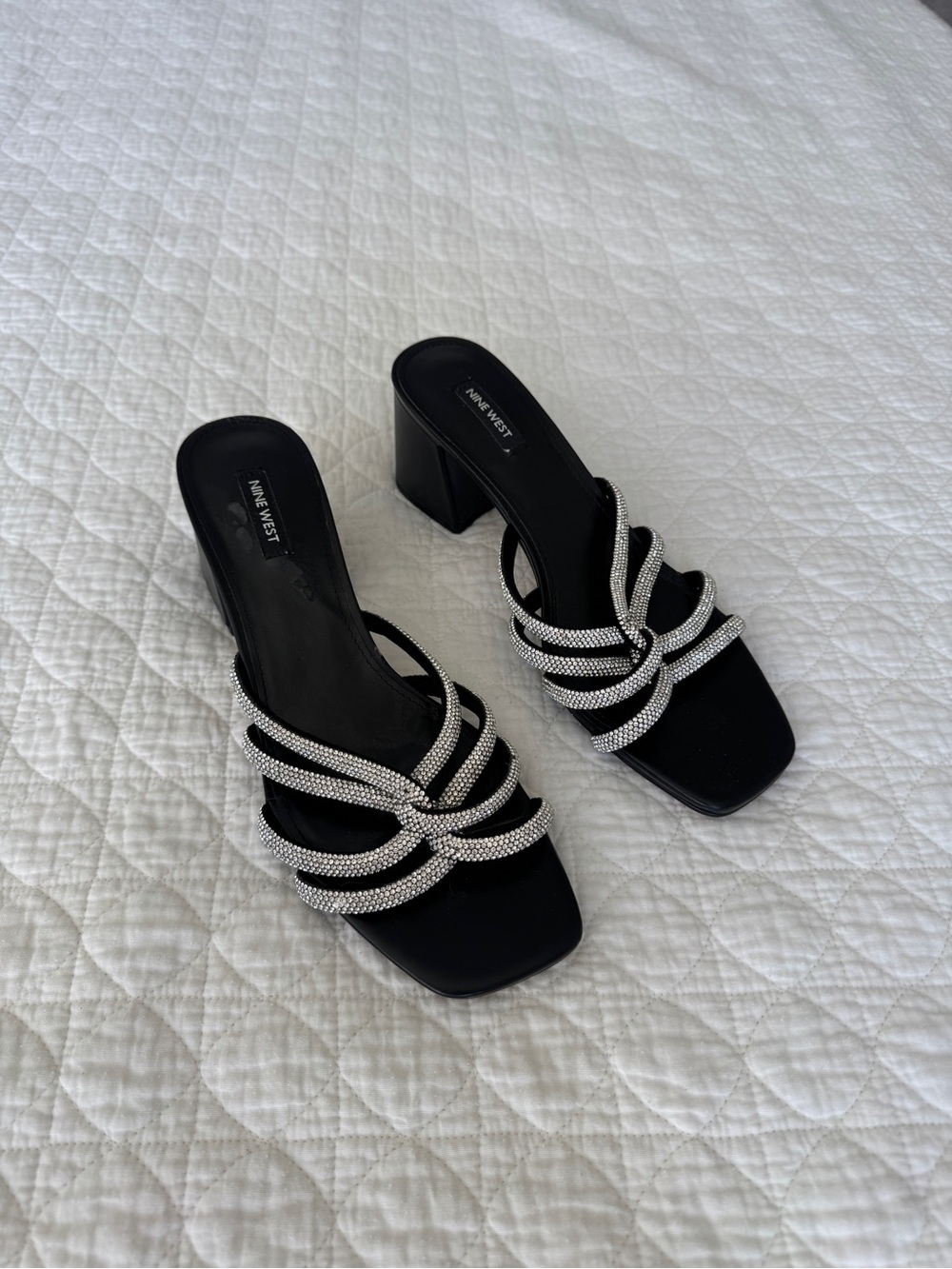 Nine West Black Rhinestone Multi-Strap Block Heel Mules